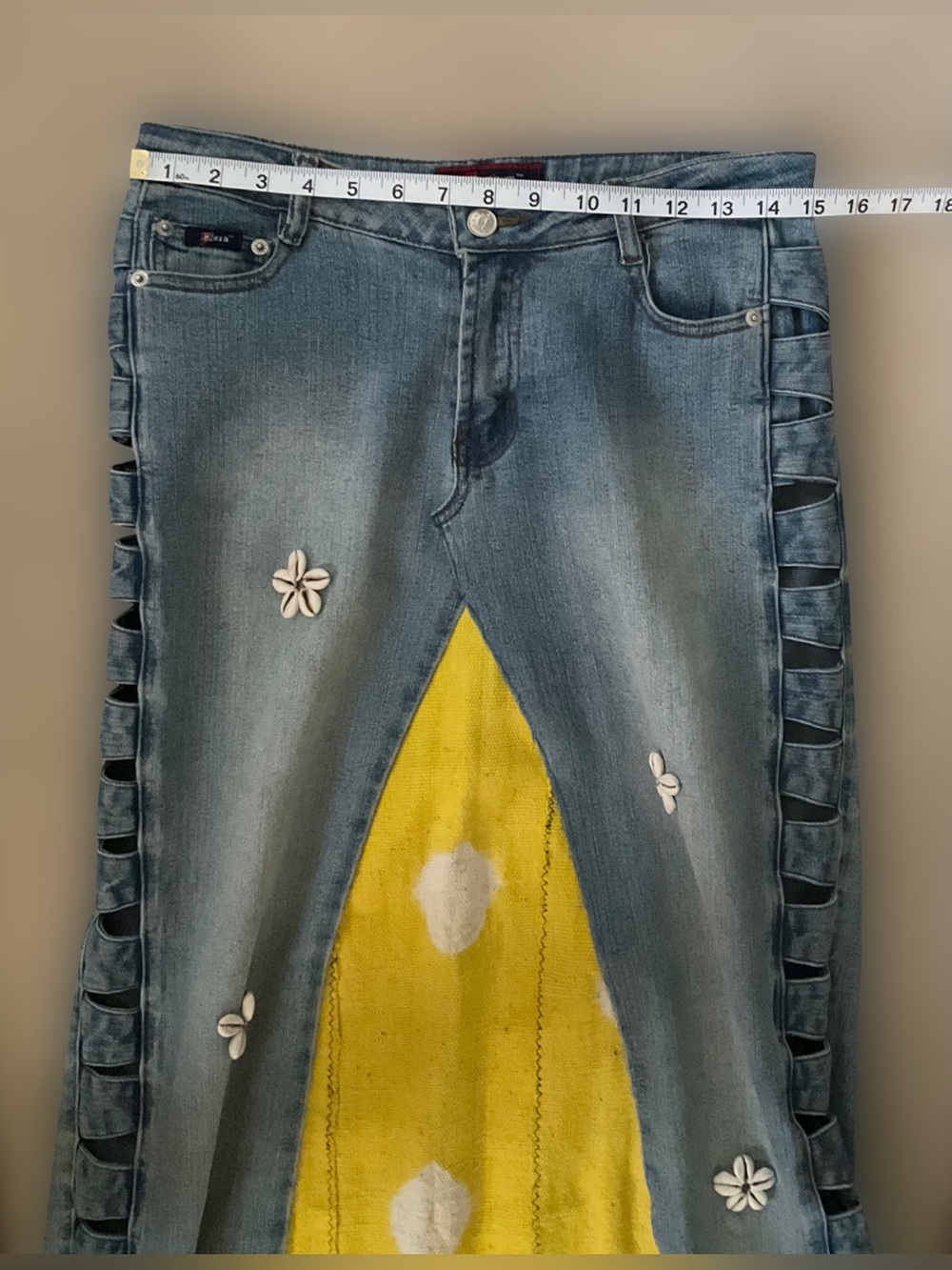 AUTHENTIC Maxi Denim Skirt w/ Yellow/White Mudcloth Inset & Cowrie Shells - Picture 4 of 7